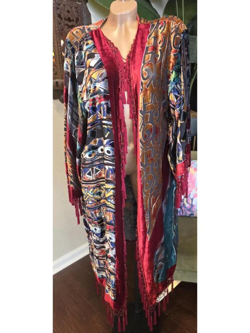 Chico's Burnout Velvet Kimono Duster Jacket Multicolor Abstract Fringe Boho M/L